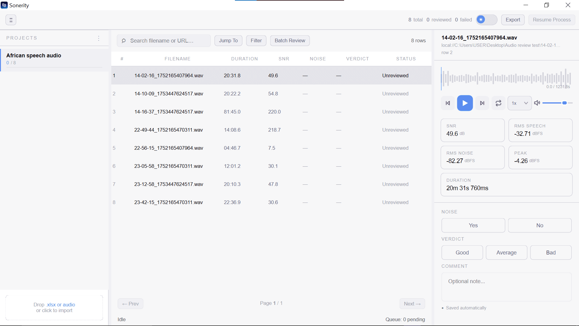 Sonerity audio QA dashboard showing audio recordings dataset, SNR metrics, playback controls, and quality verdict options